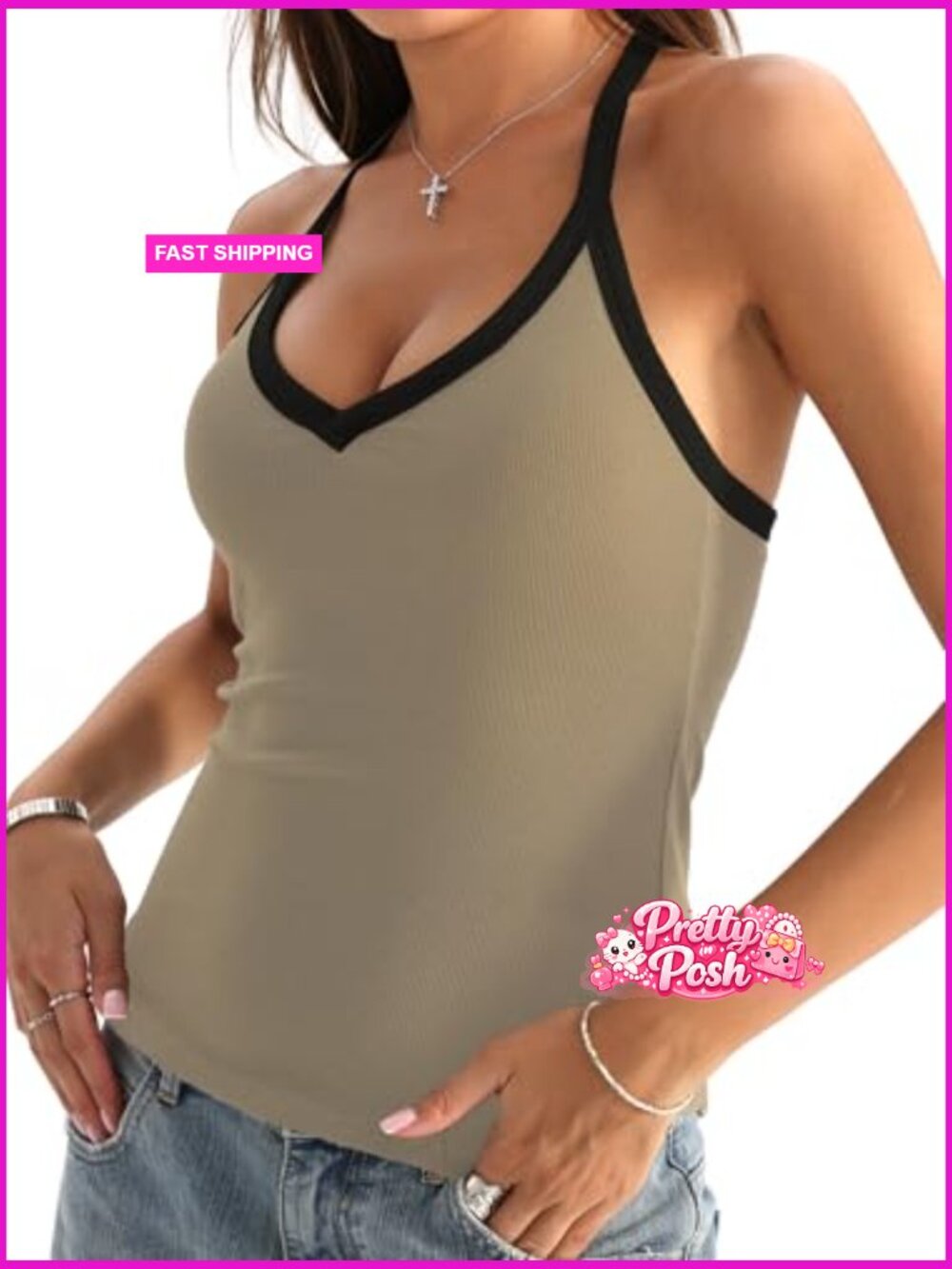 Cotton Tank Top with Built-in Shelf Bra Sleeveless Racerback Fitted Cami - Picture 5 of 7
